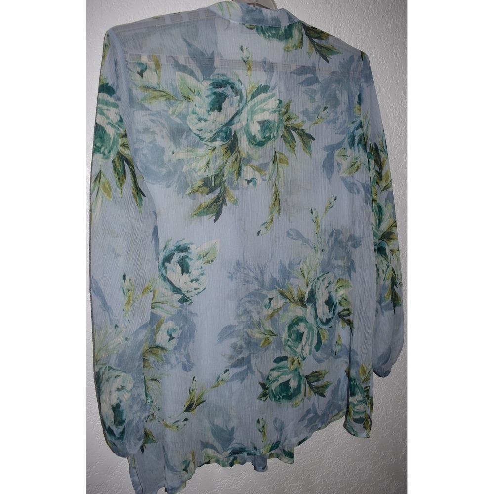 Susan Graver Top 2X Blue Floral Pintuck V-Neck Sheer Lace Sleeve Tunic Blouse - Picture 10 of 16